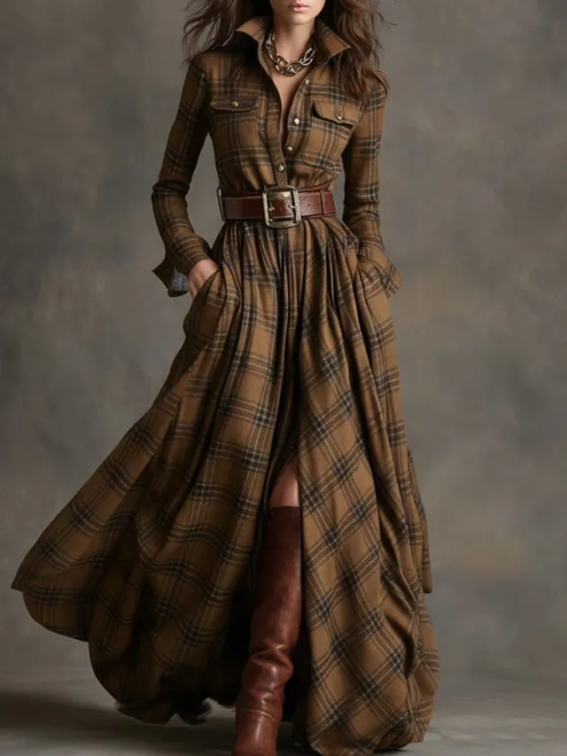 Ins Plaid Print Long Sleeved Dress Fashion Pockets Collared Buttons Shirt Long Dresses Retro Women's Clothing Khaki - Shop at LoveMi