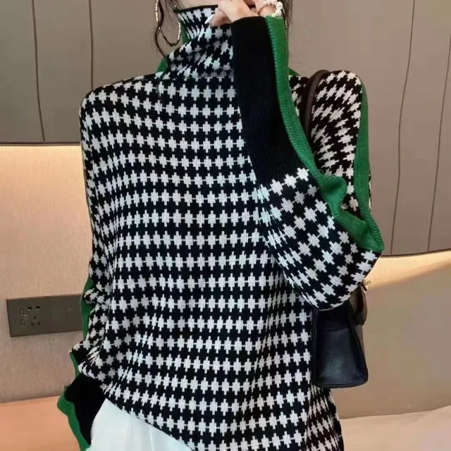 Loose Pile Collar Bottoming Shirt Women's Houndstooth Turtleneck Sweater Cross Pattern Black - Shop at LoveMi