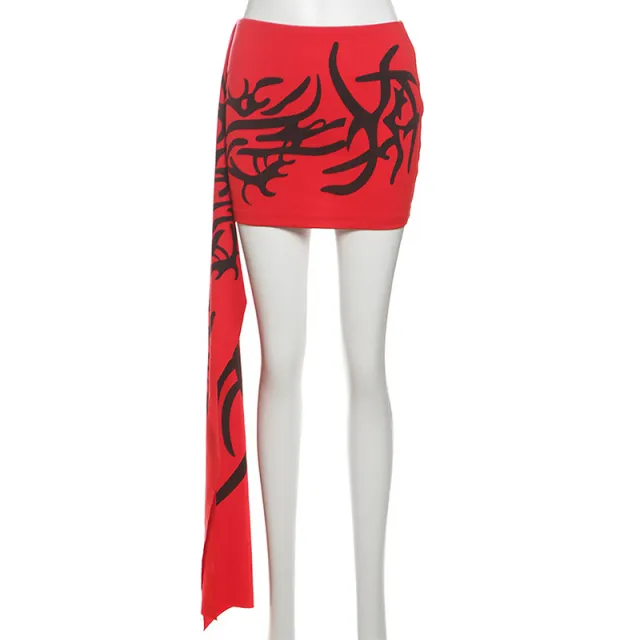 New Womens High waisted Figure flattering Asymmetrical Skirt With A Trendy Print Red - Shop at LoveMi
