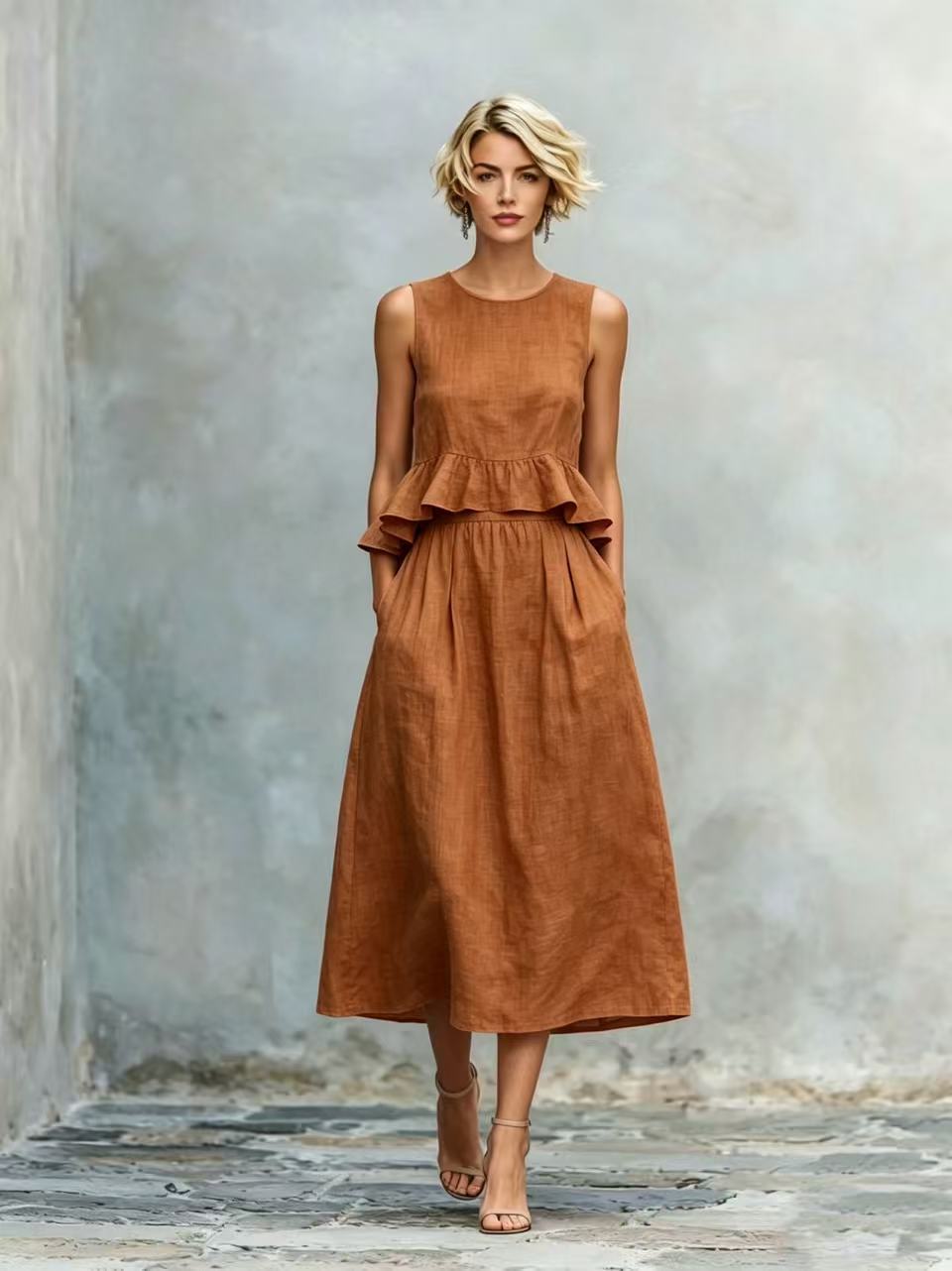 Women's Sleeveless Ruffle Trim Maxi Dress in Orange – floor length resort style