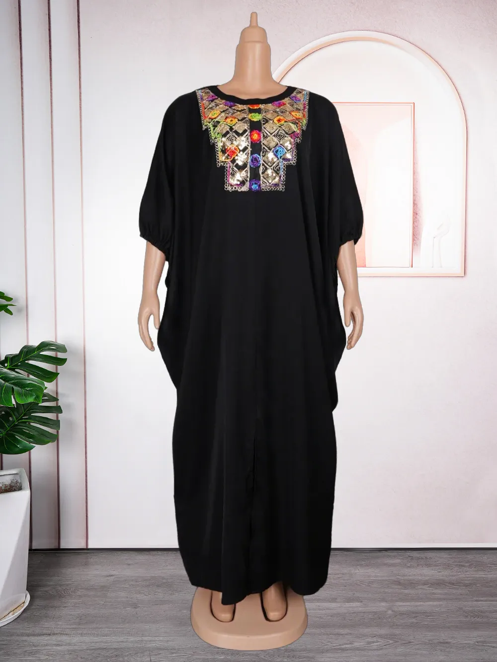 Chest Sequin Patch Dress African Women's Wear Plus Size Loose Robe - Black