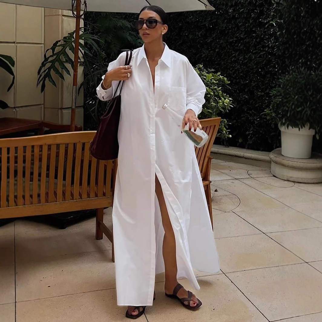 Spring And Summer Lapel Split Dress Women