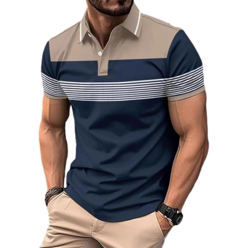 Digital-print Color-block Buttoned Lapel Short-sleeve Polo Shirt