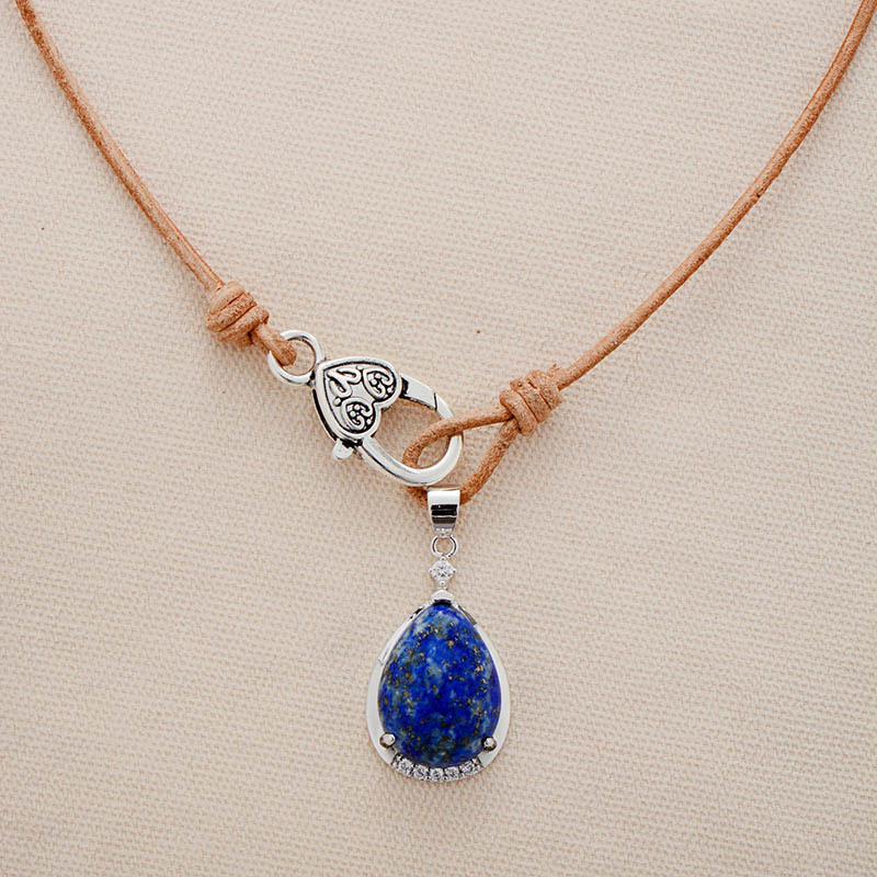 Simple Retro Lapis Lazuli Water Drop Pendant Cowhide String