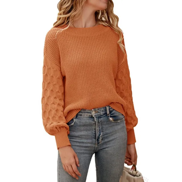 Women's Fashion Lantern Sleeve Knitted Solid Color Top Orange Red - Shop at LoveMi