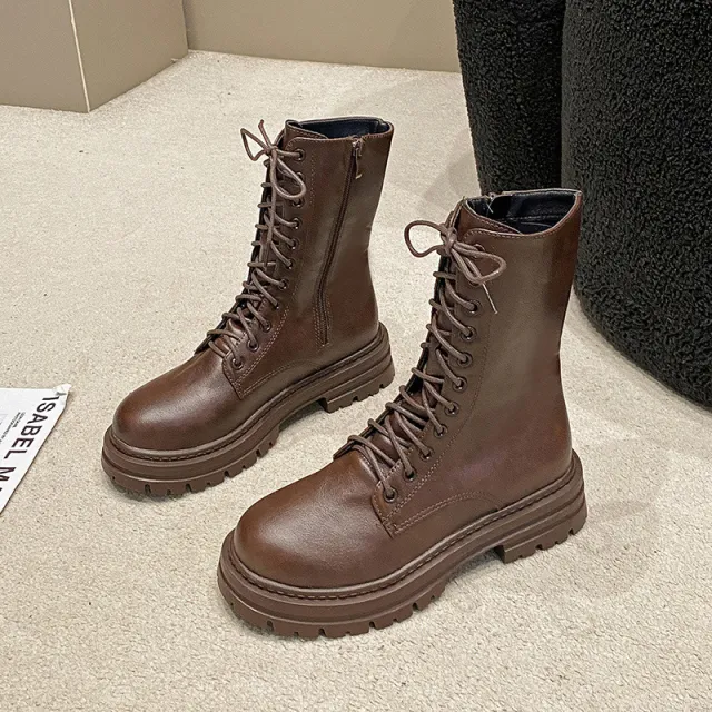 Autumn And Winter New Round Head Lace up British Style Thick Bottom Mid calf Martin Boots Women Brown - Shop at LoveMi