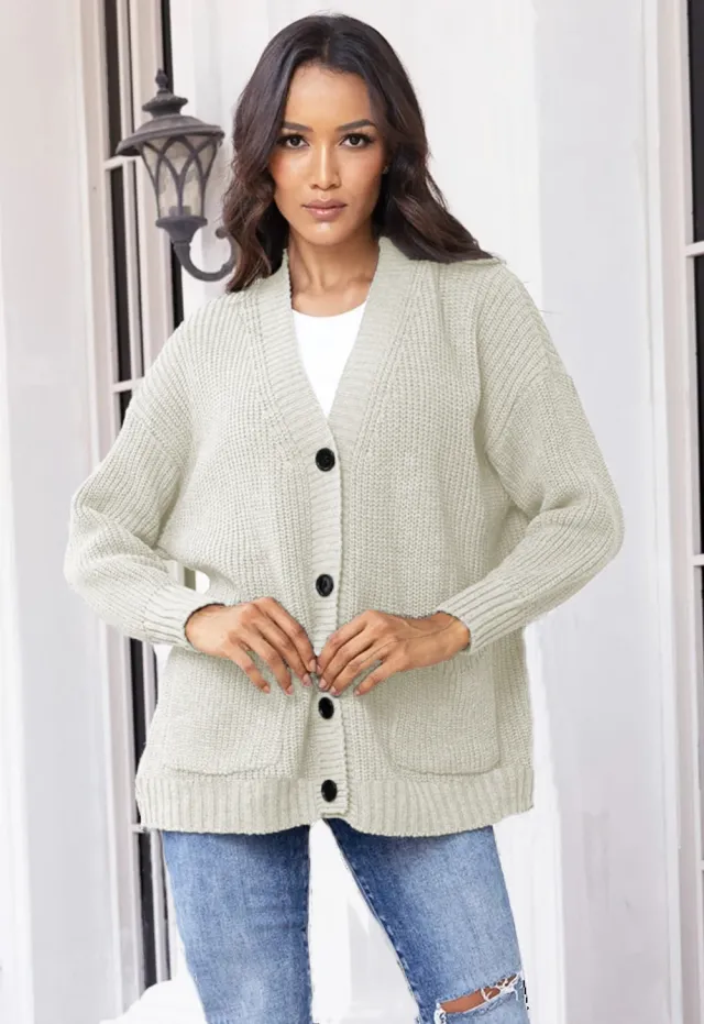V neck Loose Button Pocket Cardigan Cross border Sweater White - Shop at LoveMi