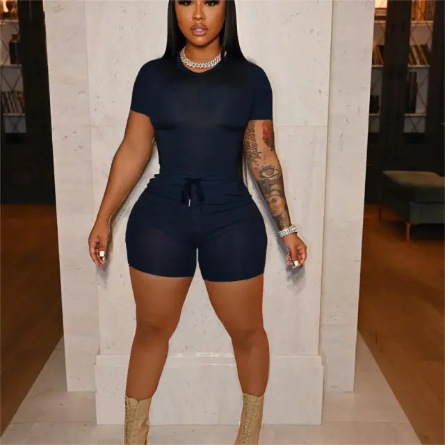 Come To Picture A Chalk Printed Women's Solid Color Casual Belt Drawstring Shorts Two piece Set Dark Blue - Shop at LoveMi