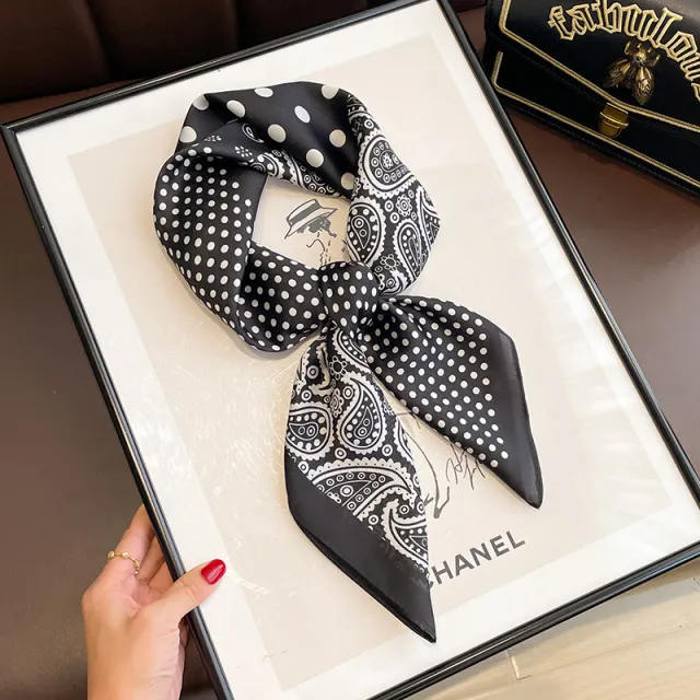 Black And White Striped Small Square Towel Silk Scarf Women's Headscarf Spring And Autumn Polka Dot Cashew Black - Shop at LoveMi