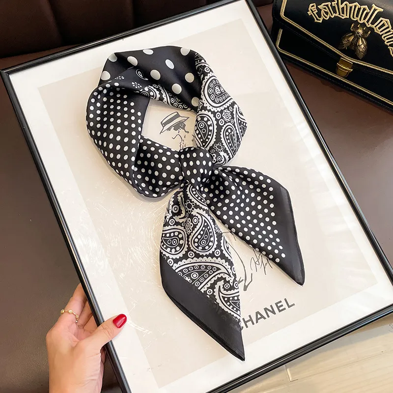 Black And White Striped Small Square Towel Silk Scarf Women's Headscarf Spring And Autumn - Polka Dot Cashew Black