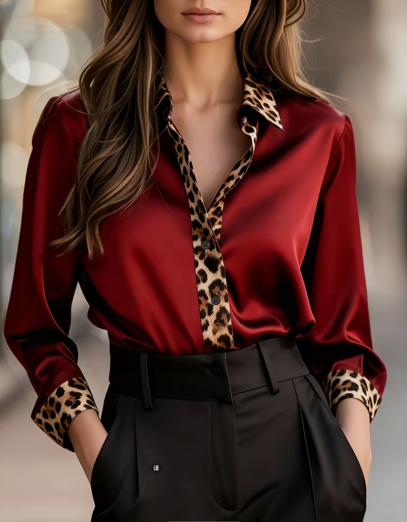 Womens Long-Sleeve Leopard-Print Crew-Neck Spliced Satin Shirt - Image 4