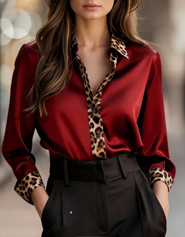 Womens Long Sleeve Leopard Print Crew Neck Spliced Satin Shirt Red - Shop at LoveMi