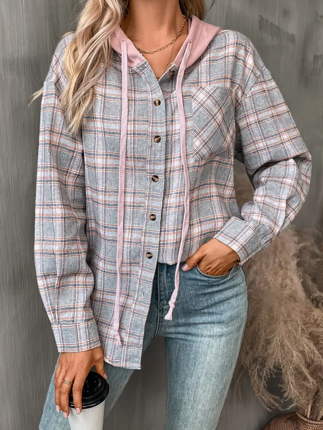 Women's Casual Fashion Loose Plaid Shirt Gray - Shop at LoveMi