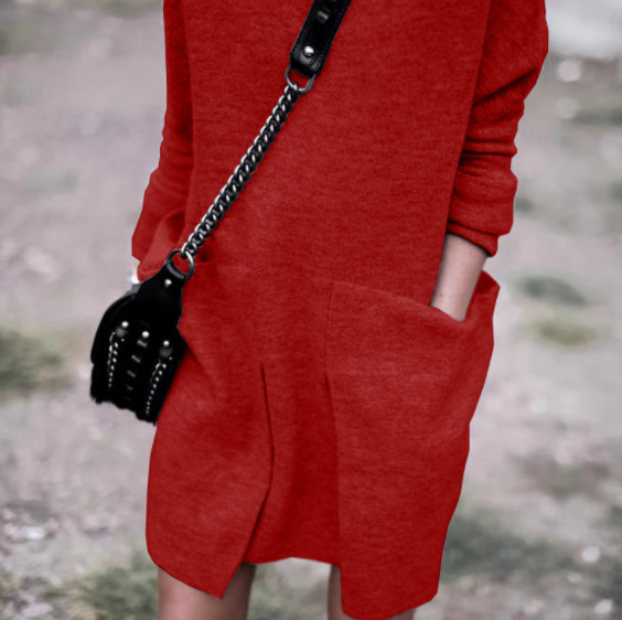 European And American New Autumn And Winter Fashion Round Neck Pocket Long Sleeve Red - Shop at LoveMi