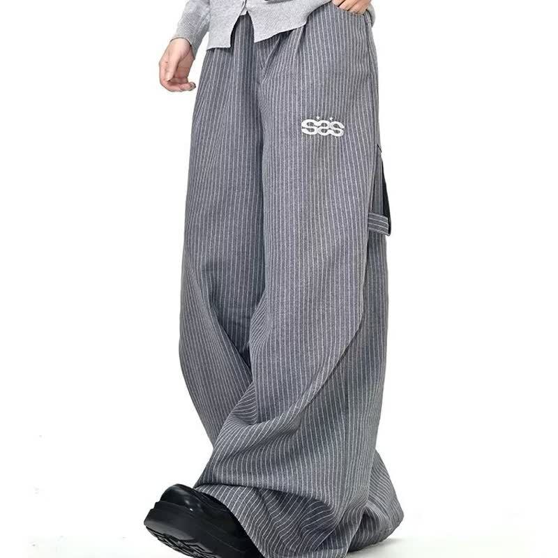American-style Relaxed-fit Wide-leg Striped Workwear Casual Pants