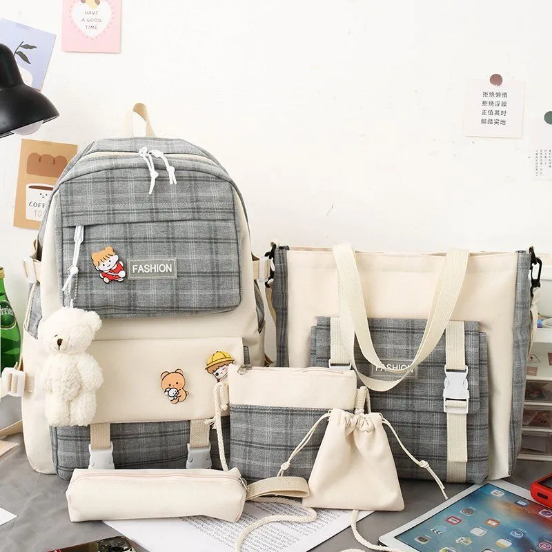 Backpack Japanese Cute Grid Elementary School Book - Black