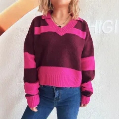 Contrast Colour Striped Knitted Lapel Commuter Long Sleeve Women's Sweater - Rose Red - View 1
