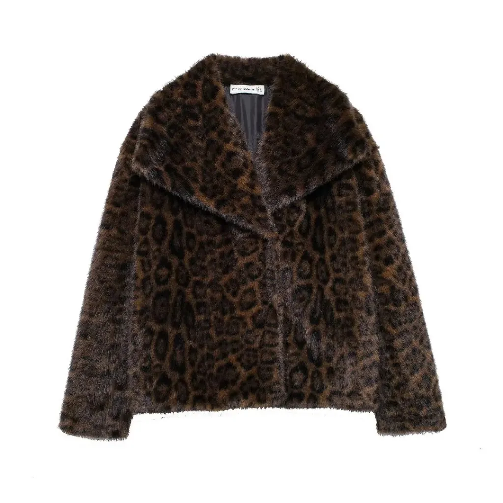 Women's Faux Fur Fluffy Jacket - Deep Leopard Print