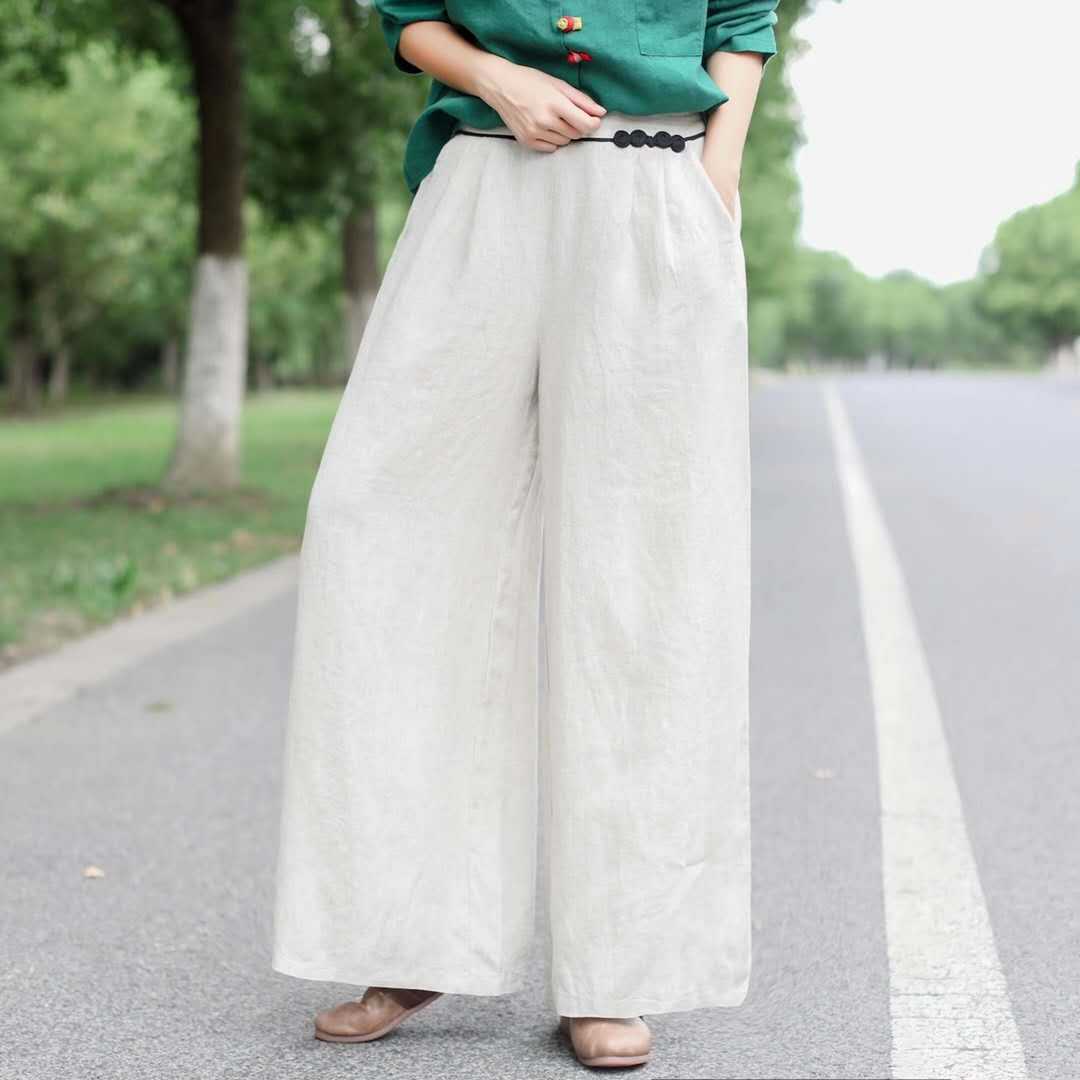 Title 17, Pantalon long en lin taille haute, ample et fin...