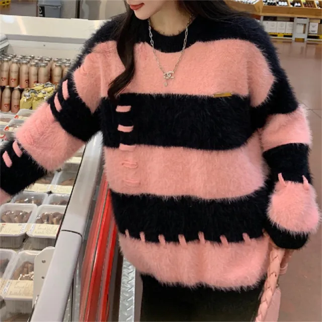 Women's Sweater Thick Gentle Loose Lazy Stripe Japanese Retro Pink - Shop at LoveMi