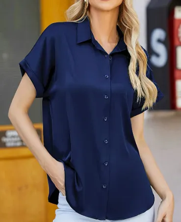 Multicolor Silk Short Sleeve Satin Button Shirt Casual Loose Top Dark Blue - Shop at LoveMi