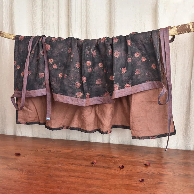 Retro High Waist Printing Crafts Linen Wrap Tie-shoulder Floral Skirt - Black Coffee