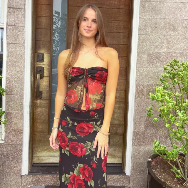 European And American Style Fashion Mesh Printed Tube Top Mid length Dress Set Women Black - Shop at LoveMi