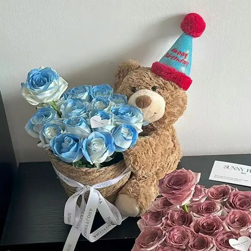 Doll Bear Holding Bouquet Flower Pot Birthday Gift