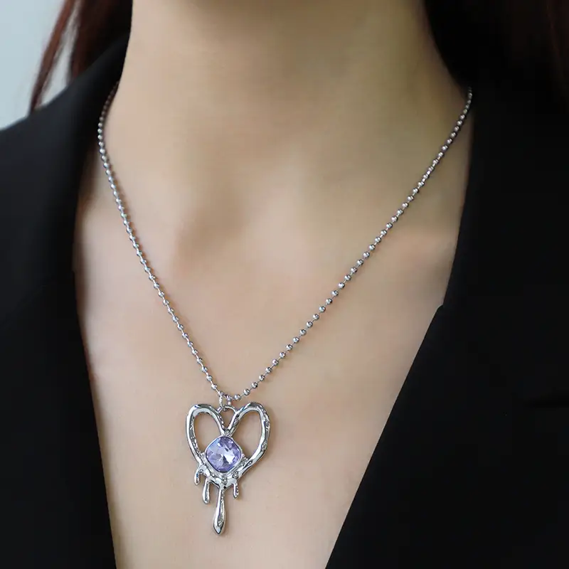 Metal Heart Jeweled Pendant Women's Europe And America Cross Border Irregular Liquid Pattern Necklace