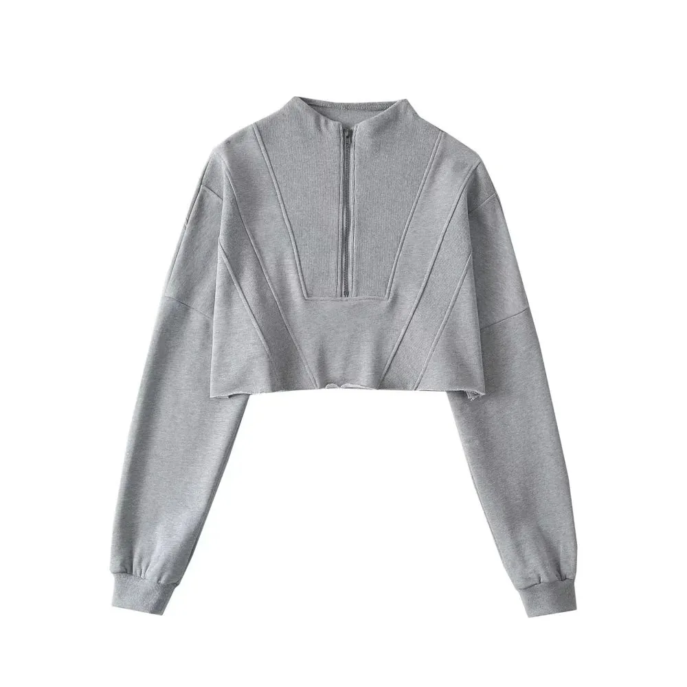 Half Loose Zip Sweater Women's Solid Color Short - Light Gray