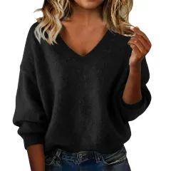 New Fashion Loose Solid Color V-neck Sweater Women - Black - View 1