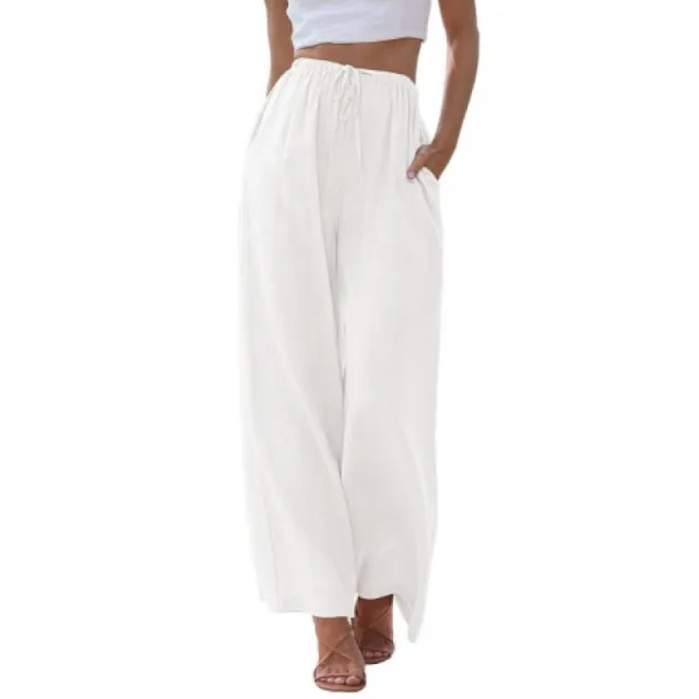 Loose Casual Pocket Drawstring Wide leg Pants For Women White - Shop at LoveMi