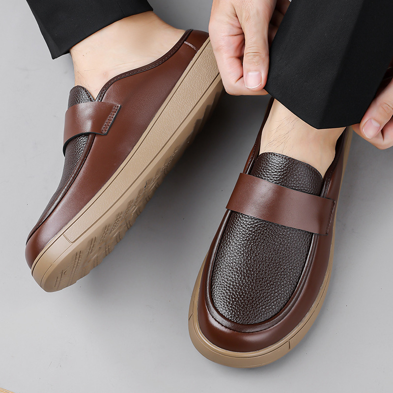 Wide-toe Low-top Slip-on Casual Shoes With Cowhide Upper