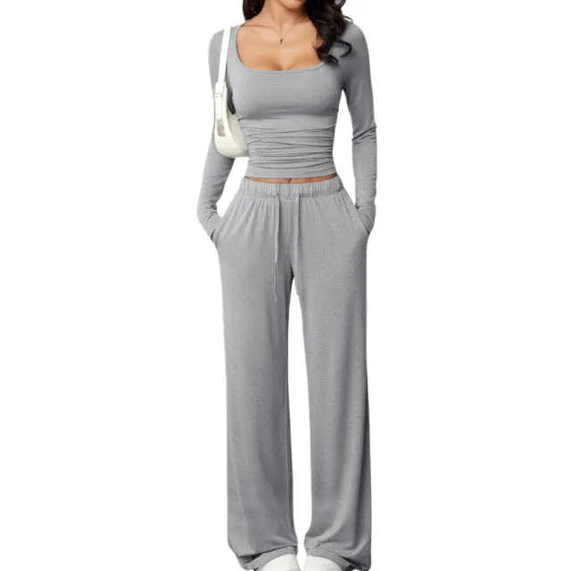 Womens Casual Pants And Square Neck Long Sleeve Cropped Top Set Gray - Shop at LoveMi