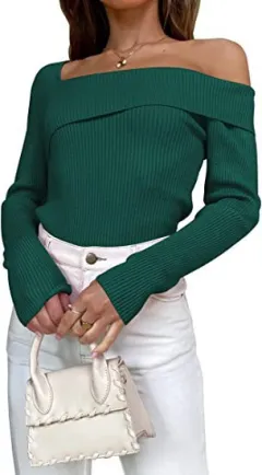 European And American Autumn Leisure Long-sleeved Slim Off-shoulder Knitted Sweater Pullover Top - Green - View 1
