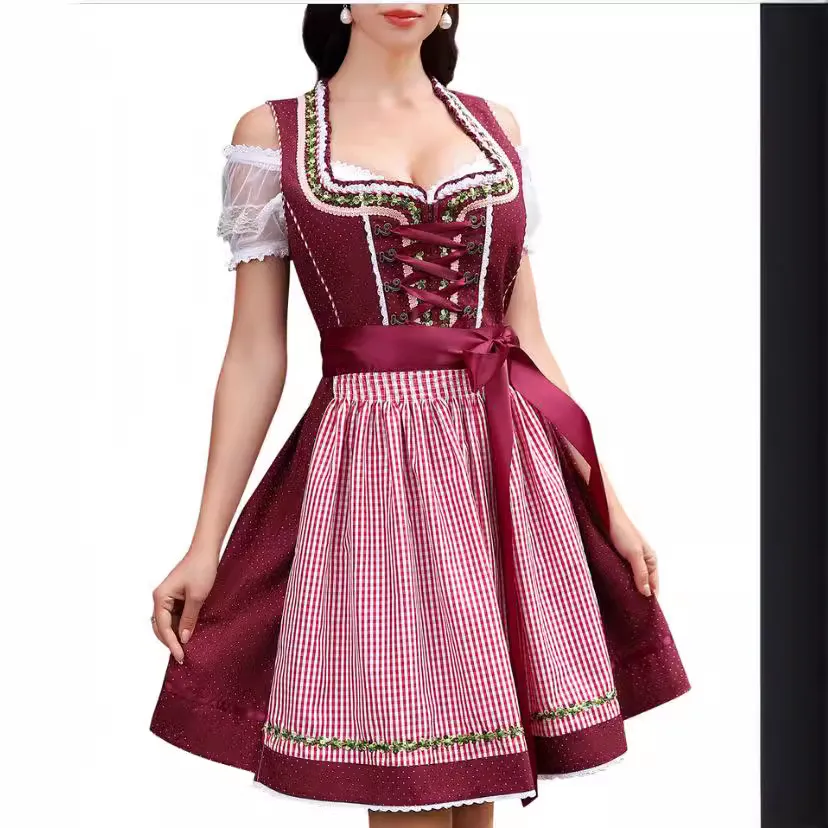 Halloween Maid Uniform Barpool Women's Sexy Mini Dress Dirndl - Wine Red