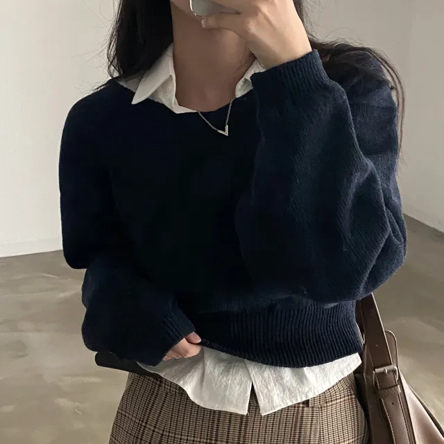 All matching V neck Pullover Sweater Long Sleeve Thermal Sweater Navy Blue - Shop at LoveMi