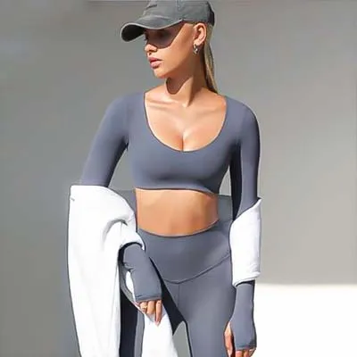 Autumn And Winter New Nude Feel Yoga Clothes Long Sleeve Women Gray Blue Top - Shop at LoveMi