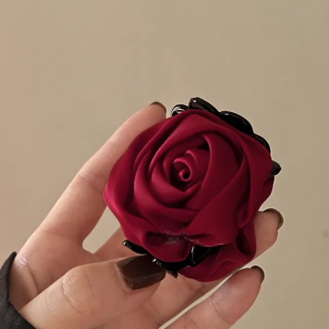 Rose Flower Hair Clip Medium Hair Volume Less Vintage Satin Wine Red - Shop at LoveMi
