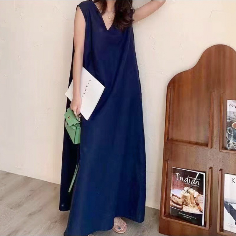 Simple, Versatile Solid-Color Plus-Size Mori Girl V-Neck Silk-Linen Tank Dress Long Skirt