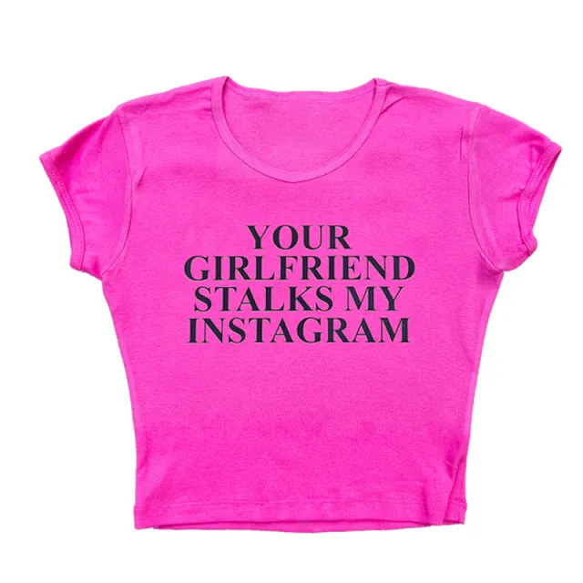 Round Neck Short Sleeve Letter Women's Printed Wear Top T shirt Rosered - Shop at LoveMi