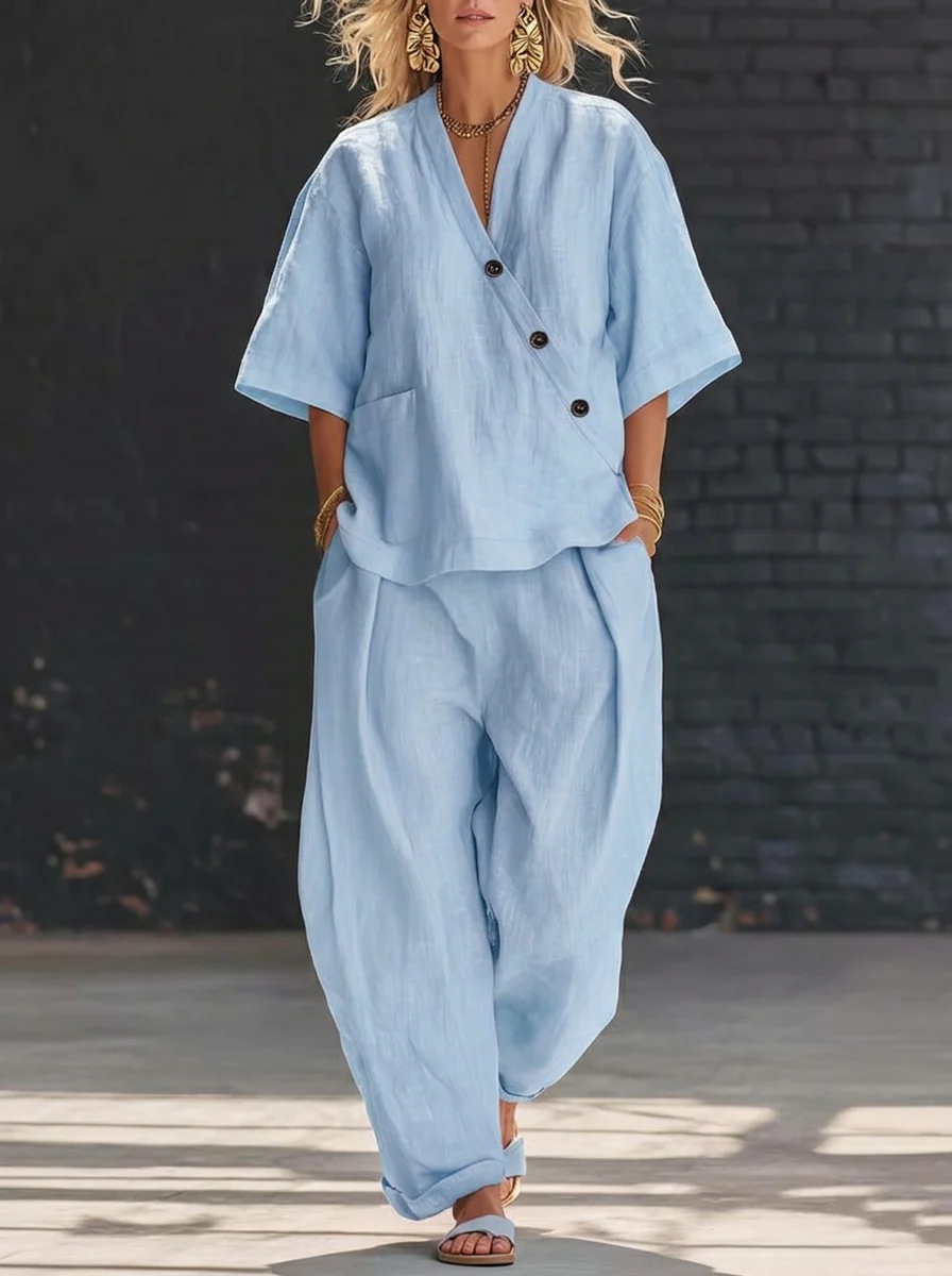 Light blue V-neck short sleeve top and high-waist trousers two-piece set – loose fit elegant commuter women's fashion