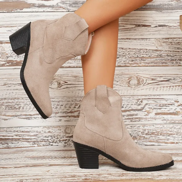 Women's Autumnwinter Ankle Boots With Chunky Heels And Pointed Toes Beige - Shop at LoveMi