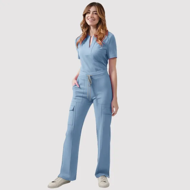 V neck Casual Top Pants Suit Work Clothes Brush Hand 82026 Light Blue - Shop at LoveMi