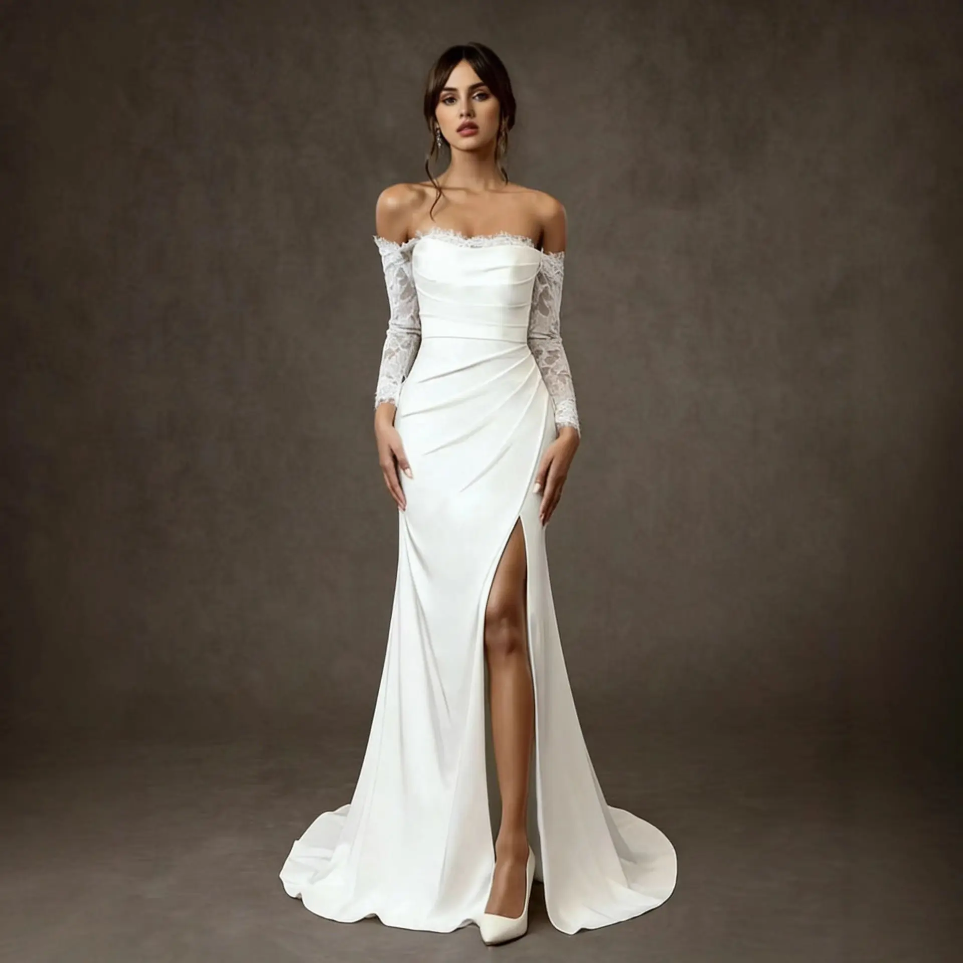 One-shoulder Lace Long-sleeve Light Wedding Dress