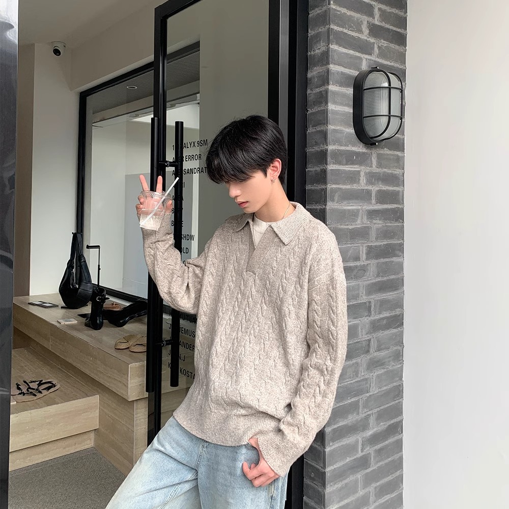 Mens Retro Herringbone Textured Lapel Pullover Sweater