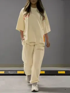 Loose Hollow Crew Neck T-shirt Top Pants Suit Two-piece Set - Beige - View 1