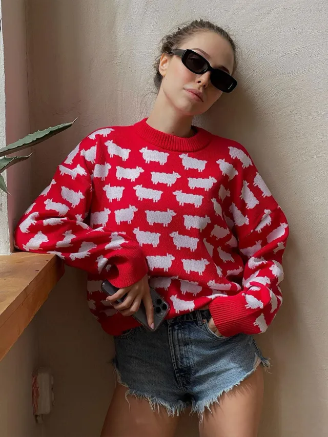 Women's Round Neck Alpaca Printed Sweater Loose Red - Shop at LoveMi