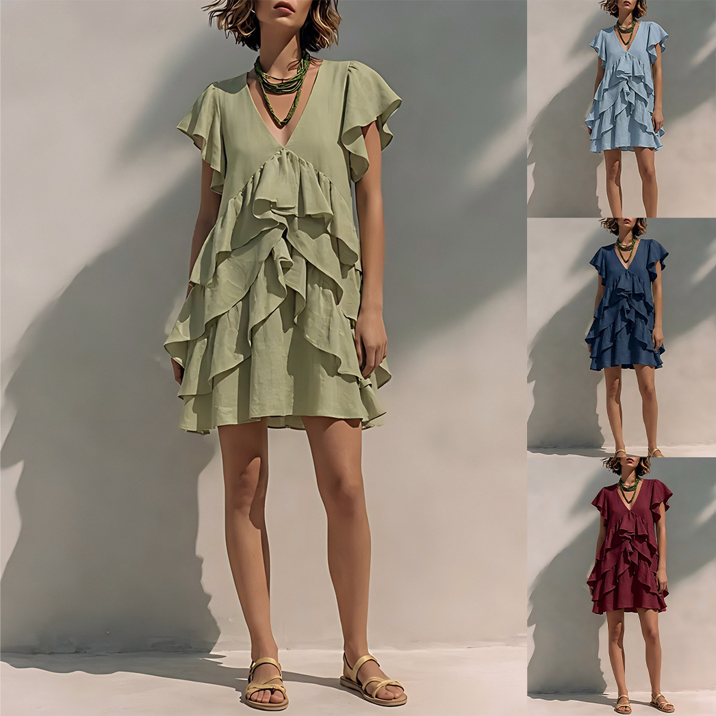 Women's V-Neck Ruffled-Edge Short-Sleeve Casual Loose Dress