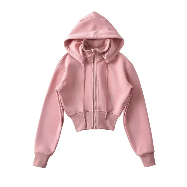 European And American Style Fleece lined Waist Stand Collar Detachable Hooded Zipper Sweatshirt Tan - Shop at LoveMi